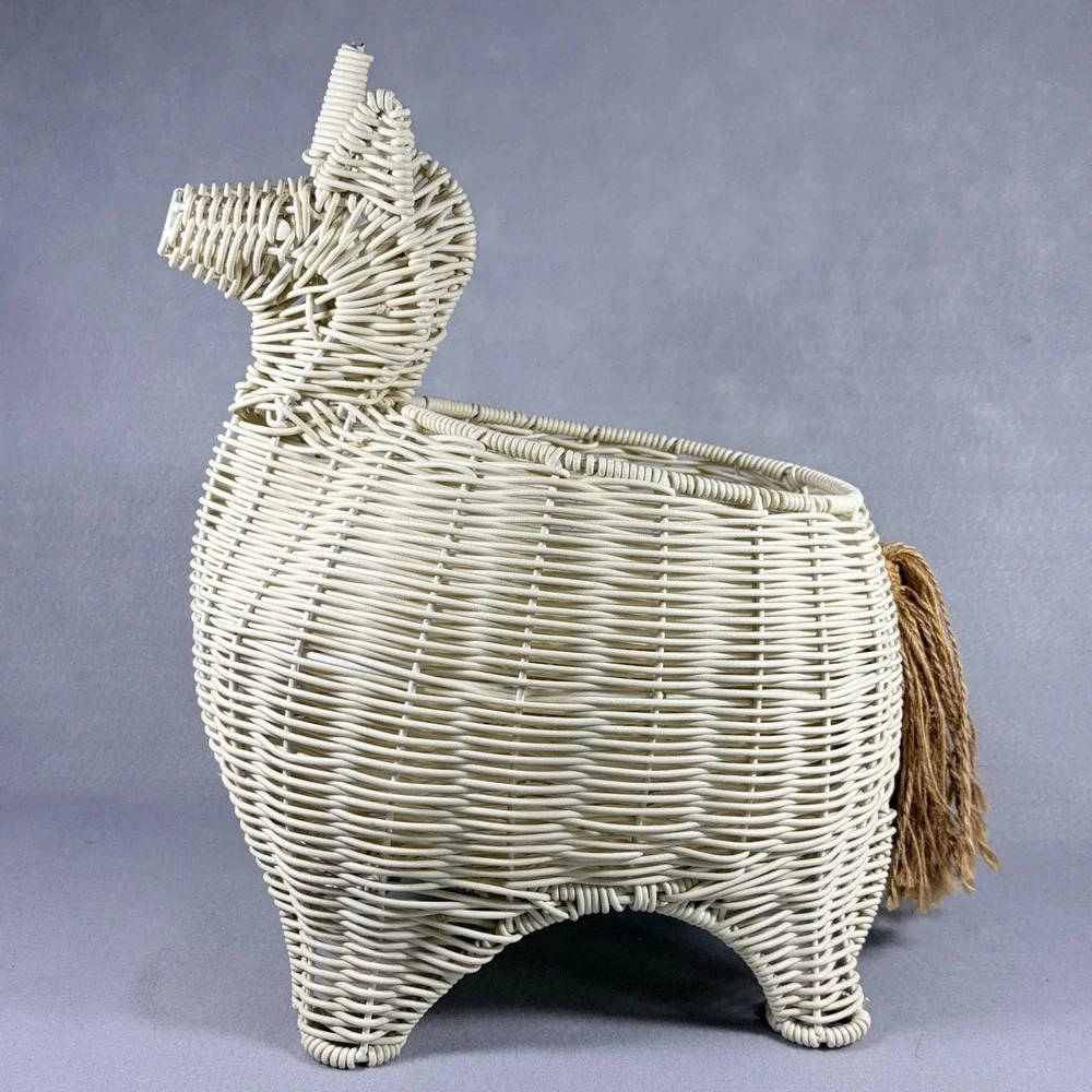 Whimsical Unicorn Storage Basket Display White Rattan Wicker Decor Boho Cottage